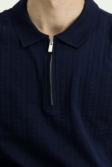 Orta Lacivert Slim Fit Dar Kesim Pamuk Desenli Fermuarlı Polo Yaka Tişört