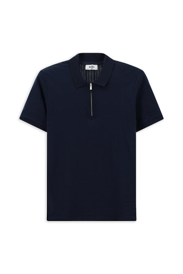 Orta Lacivert Slim Fit Dar Kesim Pamuk Desenli Fermuarlı Polo Yaka Tişört