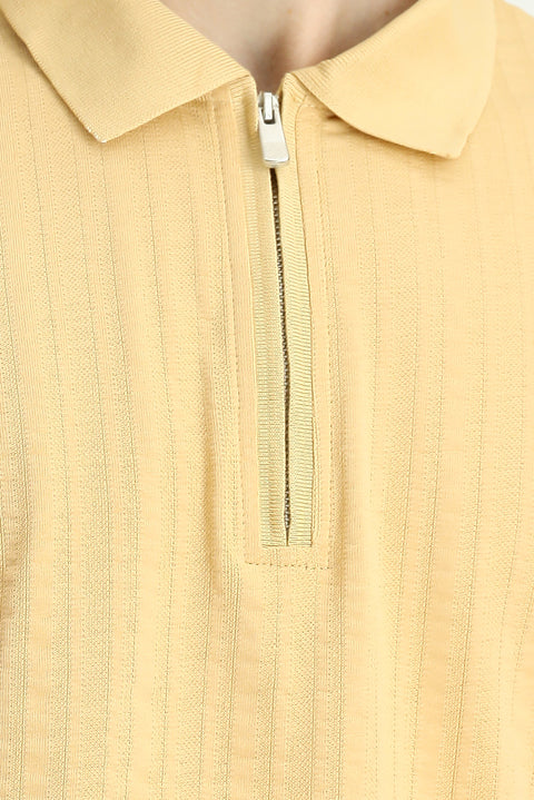 Orta Bej Slim Fit Dar Kesim Pamuk Desenli Fermuarlı Polo Yaka Tişört
