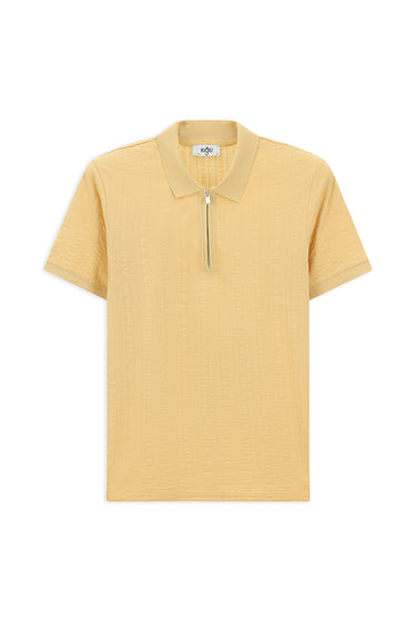 Orta Bej Slim Fit Dar Kesim Pamuk Desenli Fermuarlı Polo Yaka Tişört