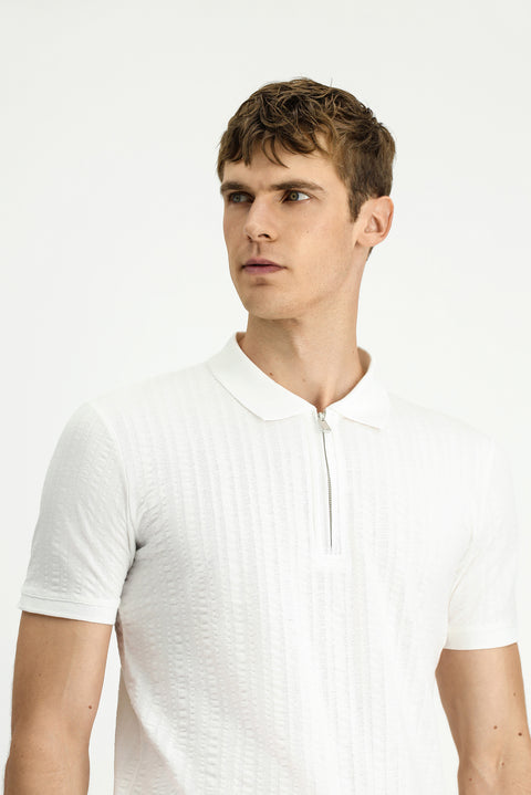 Kırık Beyaz Slim Fit Dar Kesim Pamuk Desenli Fermuarlı Polo Yaka Tişört