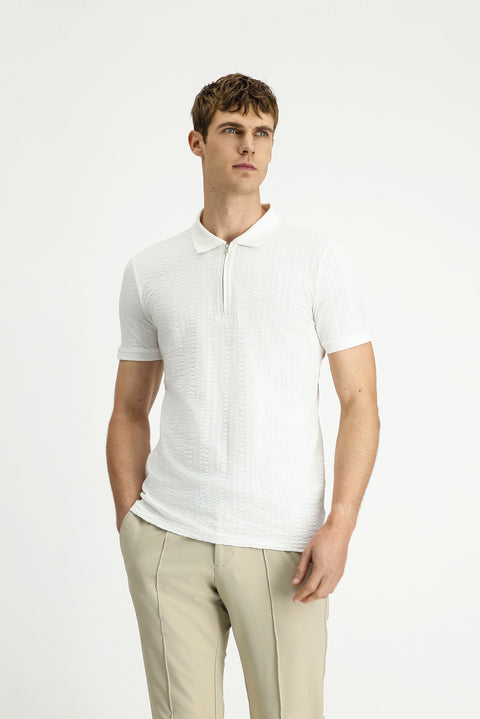 Kırık Beyaz Slim Fit Dar Kesim Pamuk Desenli Fermuarlı Polo Yaka Tişört