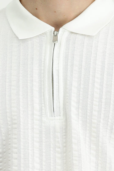 Kırık Beyaz Slim Fit Dar Kesim Pamuk Desenli Fermuarlı Polo Yaka Tişört