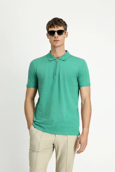 Koyu Yeşil Slim Fit Dar Kesim Pamuk Desenli Fermuarlı Polo Yaka Tişört