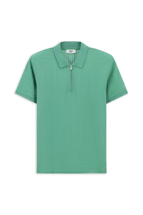 Koyu Yeşil Slim Fit Dar Kesim Pamuk Desenli Fermuarlı Polo Yaka Tişört