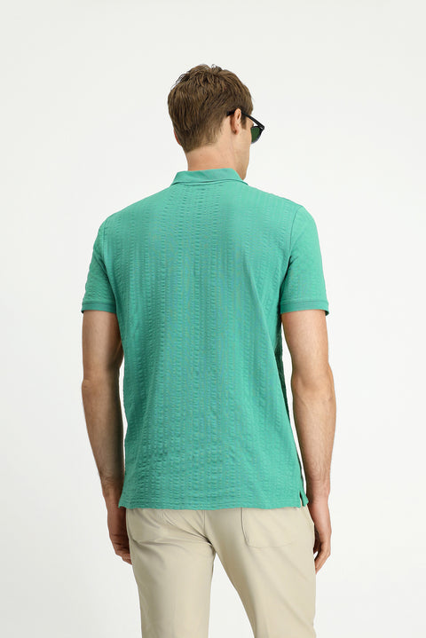 Koyu Yeşil Slim Fit Dar Kesim Pamuk Desenli Fermuarlı Polo Yaka Tişört
