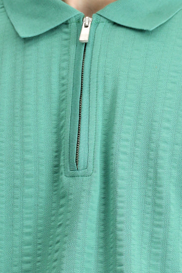 Koyu Yeşil Slim Fit Dar Kesim Pamuk Desenli Fermuarlı Polo Yaka Tişört