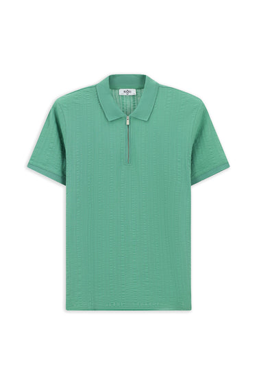 Koyu Yeşil Slim Fit Dar Kesim Pamuk Desenli Fermuarlı Polo Yaka Tişört