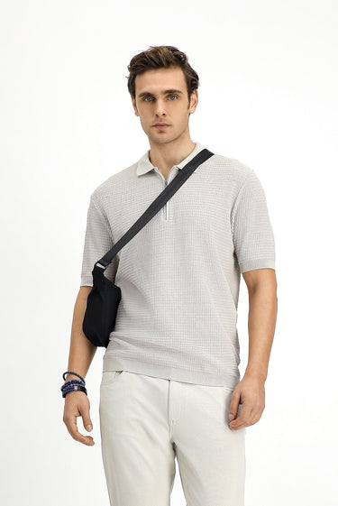 Açık Bej Slim Fit Dar Kesim Pamuk Desenli Fermuarlı Polo Yaka Tişört
