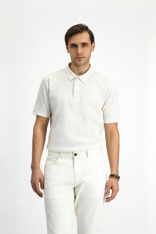 Beyaz Slim Fit Dar Kesim Baskılı Pamuk Polo Yaka Tişört