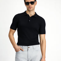 Siyah Slim Fit Dar Kesim Pamuk Polo Yaka Triko Tişört