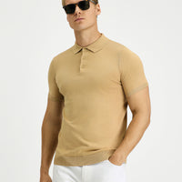 Medium Beige Slim Fit Cotton Polo Neck Knitted T-Shirt