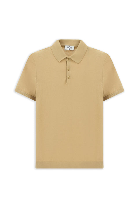 Medium Beige Slim Fit Cotton Polo Neck Knitted T-Shirt
