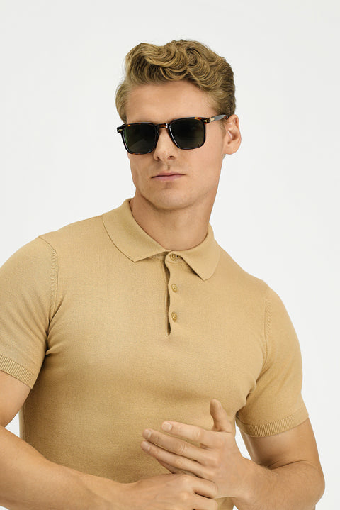 Medium Beige Slim Fit Cotton Polo Neck Knitted T-Shirt