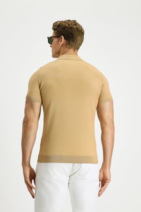 Medium Beige Slim Fit Cotton Polo Neck Knitted T-Shirt