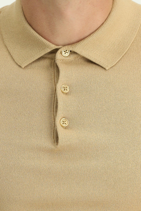 Medium Beige Slim Fit Cotton Polo Neck Knitted T-Shirt