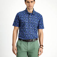 Açık Lacivert Slim Fit Dar Kesim Pamuklu Baskılı Polo Yaka Tişört