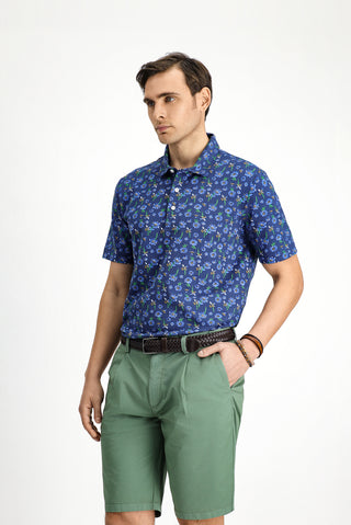 Açık Lacivert Slim Fit Dar Kesim Pamuklu Baskılı Polo Yaka Tişört