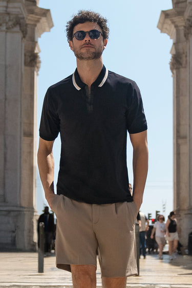 Koyu Lacivert Techno-Line Fermuarlı Likralı Slim Fit Dar Kesim Polo Yaka Tişört