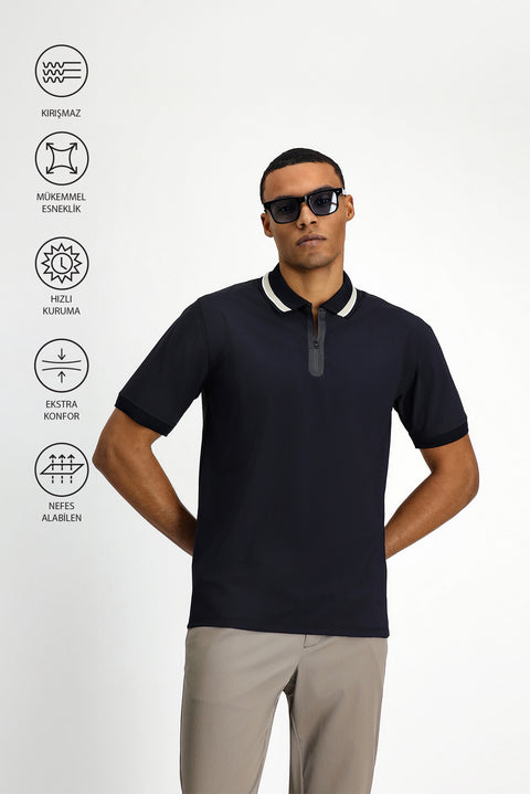 Koyu Lacivert Techno-Line Fermuarlı Likralı Slim Fit Dar Kesim Polo Yaka Tişört