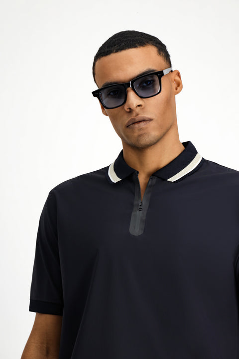 Koyu Lacivert Techno-Line Fermuarlı Likralı Slim Fit Dar Kesim Polo Yaka Tişört