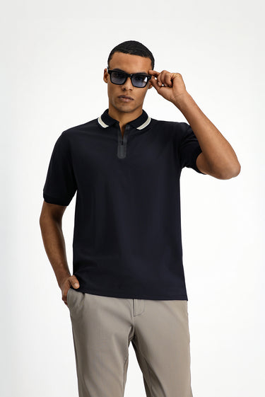 Koyu Lacivert Techno-Line Fermuarlı Likralı Slim Fit Dar Kesim Polo Yaka Tişört