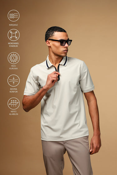 Açık Bej Techno-Line Fermuarlı Likralı Slim Fit Dar Kesim Polo Yaka Tişört