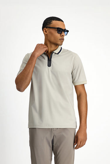 Açık Bej Techno-Line Fermuarlı Likralı Slim Fit Dar Kesim Polo Yaka Tişört