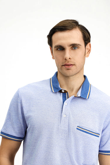 Açık Mavi Melanj Slim Fit Dar Kesim Pamuklu Desenli Cepli Polo Yaka Tişört