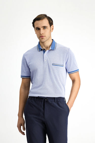 Açık Mavi Melanj Slim Fit Dar Kesim Pamuklu Desenli Cepli Polo Yaka Tişört