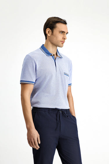 Açık Mavi Melanj Slim Fit Dar Kesim Pamuklu Desenli Cepli Polo Yaka Tişört