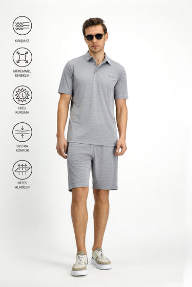Açık Gri Slim Fit Dar Kesim Baskılı Polo Yaka Tişört