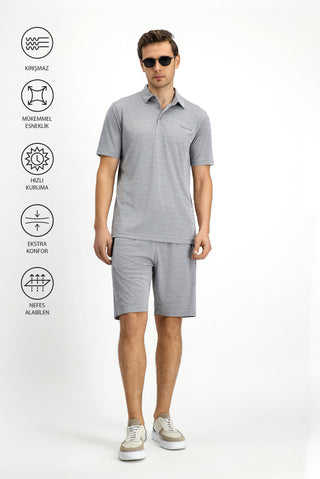 Açık Gri Slim Fit Dar Kesim Baskılı Polo Yaka Tişört
