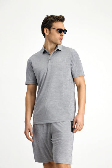 Açık Gri Slim Fit Dar Kesim Baskılı Polo Yaka Tişört