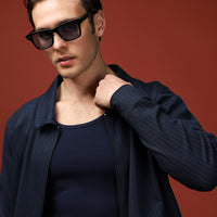 Orta Lacivert Mevsimlik Polo Yaka Regular Fit Çizgili Fermuarlı Sweat Mont