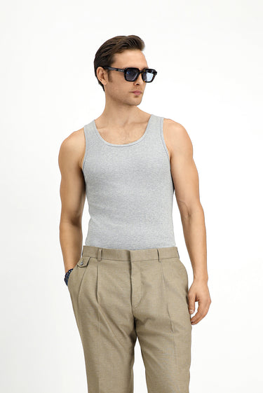 Orta Gri Melanj Slim Fit Dar Kesim Pamuklu Fitilli Atlet