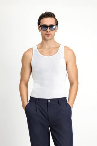 Beyaz Slim Fit Dar Kesim Pamuk Fitilli Atlet