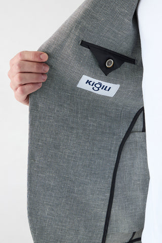 Koyu Yeşil 6 Drop Regular Fit Standart Kesim Mono Yaka Desenli Klasik Keten Karışımlı Ceket