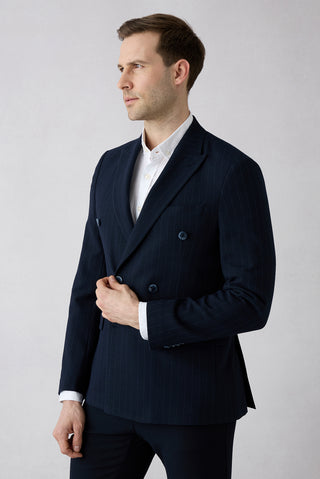 Orta Lacivert 7 Drop Slim Fit Dar Kesim Sivri Yaka Çizgili Kruvaze Ceket