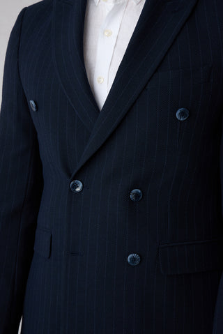 Orta Lacivert 7 Drop Slim Fit Dar Kesim Sivri Yaka Çizgili Kruvaze Ceket