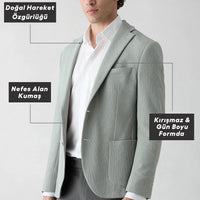 Medium Gray Techno-Line 7 Drop Slim Fit Narrow Collar Linen Blend Striped Flexible Jacket with Pockets