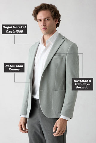 Orta Gri Techno-Line 7 Drop Slim Fit Dar Kesim Mono Yaka Keten Karışımlı Çizgili Çantalı Esnek Ceket