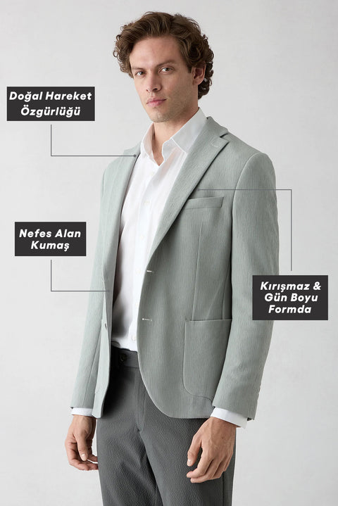Medium Gray Techno-Line 7 Drop Slim Fit Narrow Collar Linen Blend Striped Flexible Jacket with Pockets