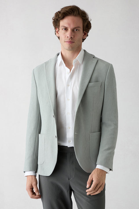 Medium Gray Techno-Line 7 Drop Slim Fit Narrow Collar Linen Blend Striped Flexible Jacket with Pockets