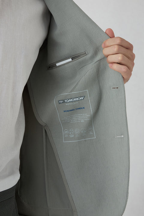 Medium Gray Techno-Line 7 Drop Slim Fit Narrow Collar Linen Blend Striped Flexible Jacket with Pockets