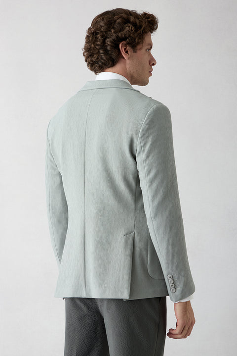 Medium Gray Techno-Line 7 Drop Slim Fit Narrow Collar Linen Blend Striped Flexible Jacket with Pockets