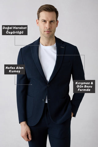 Koyu Lacivert Techno-Line 7 Drop Slim Fit Dar Kesim Mono Yaka Keten Karışımlı Çizgili Çantalı Esnek Ceket