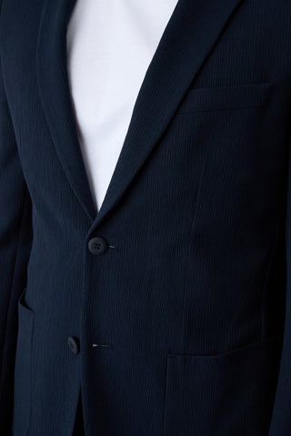 Koyu Lacivert Techno-Line 7 Drop Slim Fit Dar Kesim Mono Yaka Keten Karışımlı Çizgili Çantalı Esnek Ceket