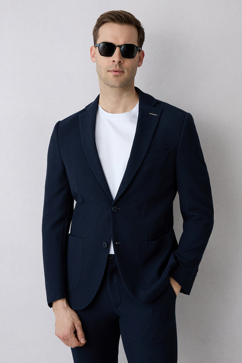 Koyu Lacivert Techno-Line 7 Drop Slim Fit Dar Kesim Mono Yaka Keten Karışımlı Çizgili Çantalı Esnek Ceket