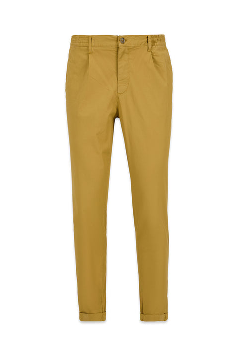 Mid Beige Tapered Fit Elastic Waist Striped Lycra Side Pocket Canvas / Chino Trousers